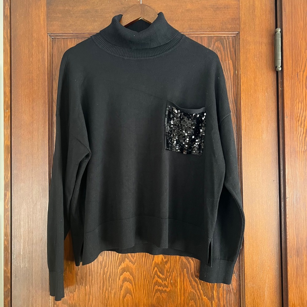 DKNY Black Turtleneck Sweater Sequins Pocket Women's Size‎ L